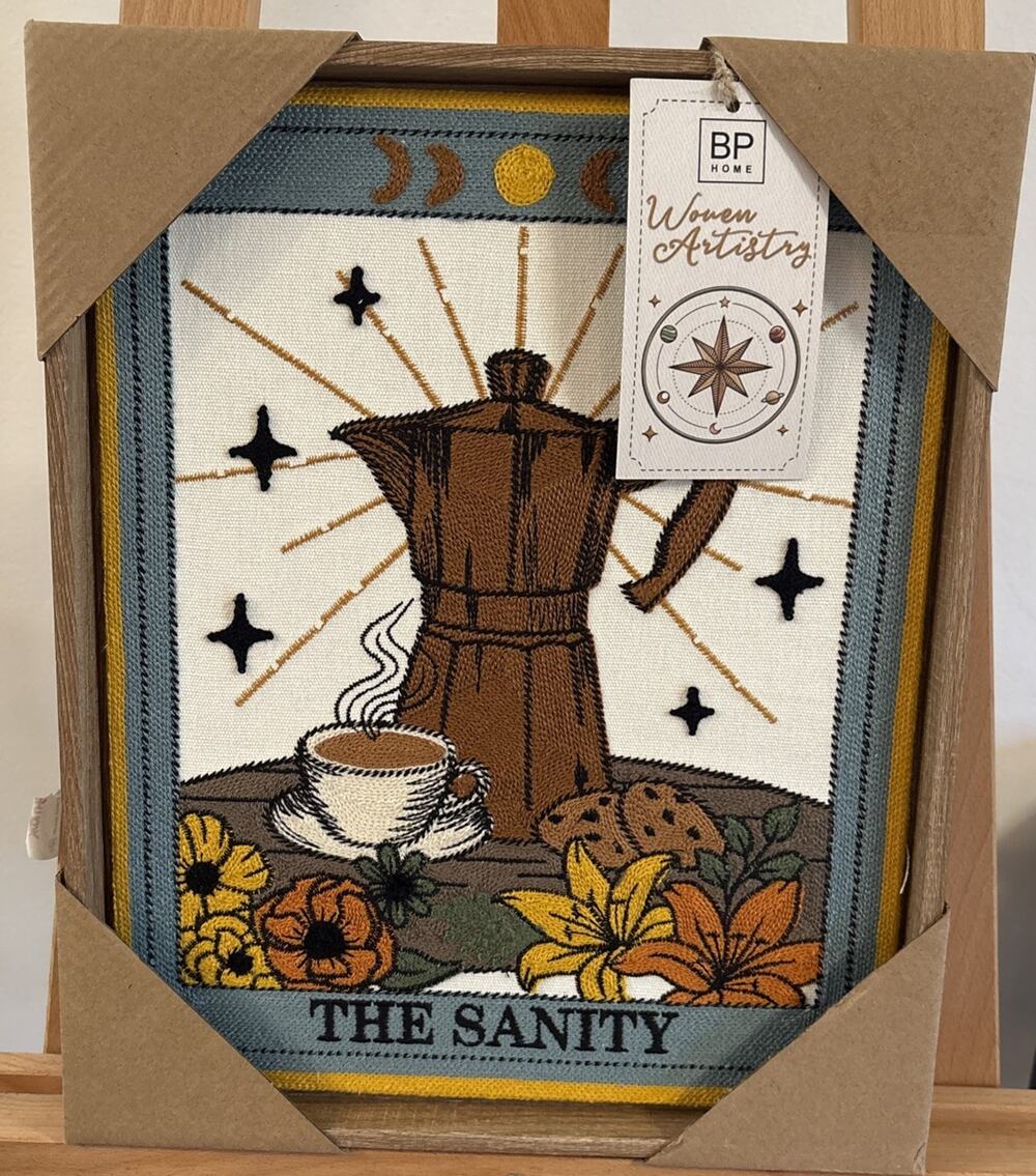 New BP Home Embroidered Wall Art The Sanity Coffee Tarot Card Cafetera 12" x 15”